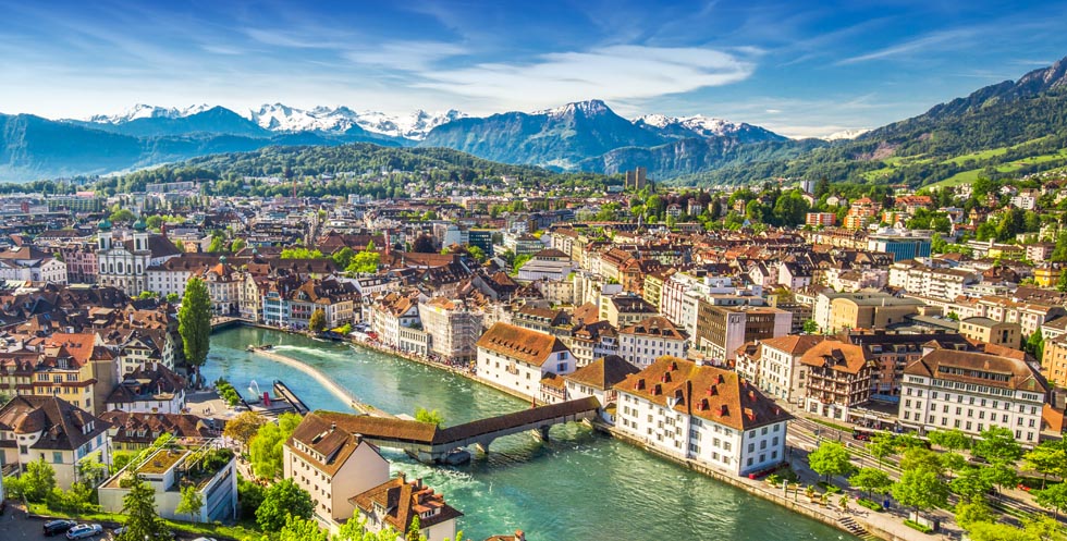 View to Pilatus mountain and historic city center of Luzern, Swi